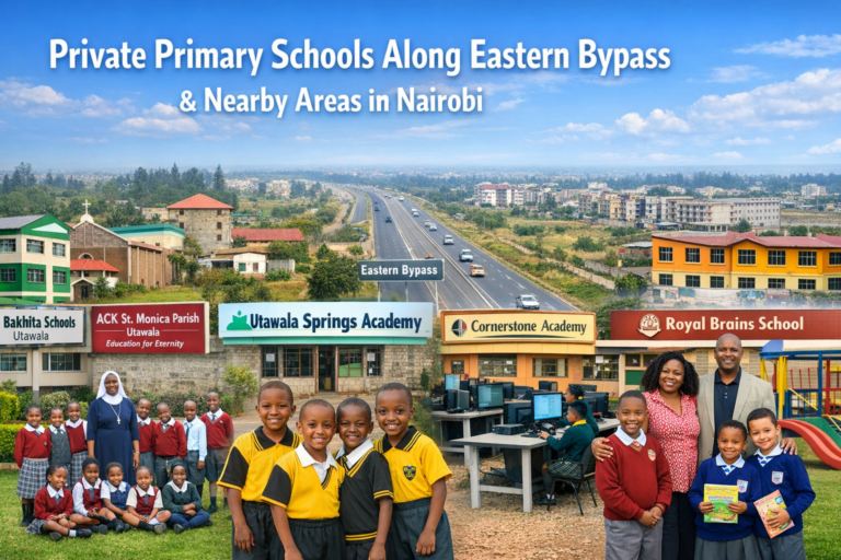 Students and buildings of St. Bakhita, ACK St. Monica, Utawala Springs, Cornerstone, Royal Brains, and Lelani School along Nairobi Eastern Bypass